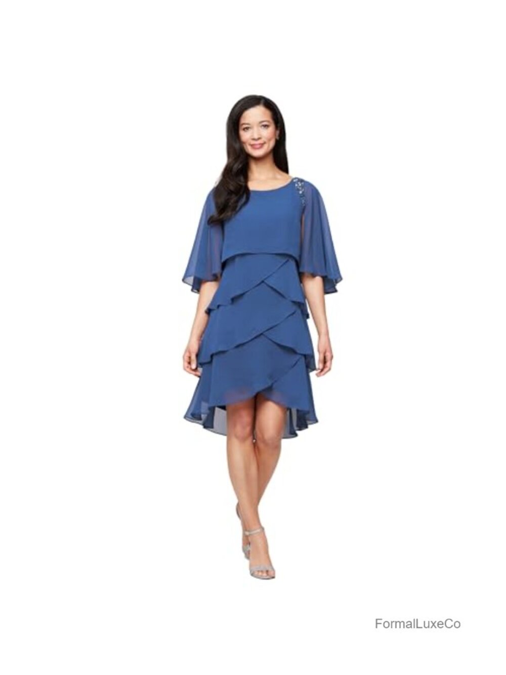 Tiered Chiffon Cocktail Dress with Attached Cape & Beaded Shoulders